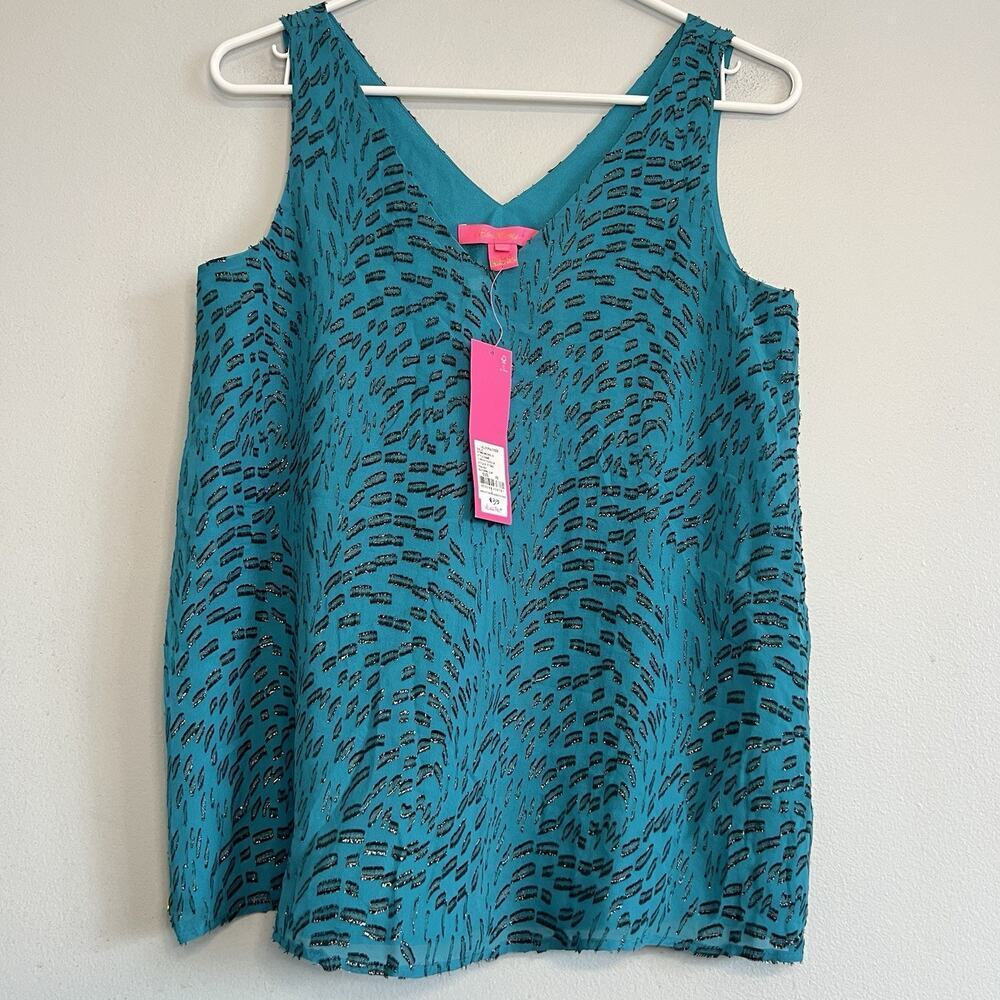 NWT Lily Pulitzer Womens Florin Silk Sleeveless Top V Neck Lined Sz XS Teal